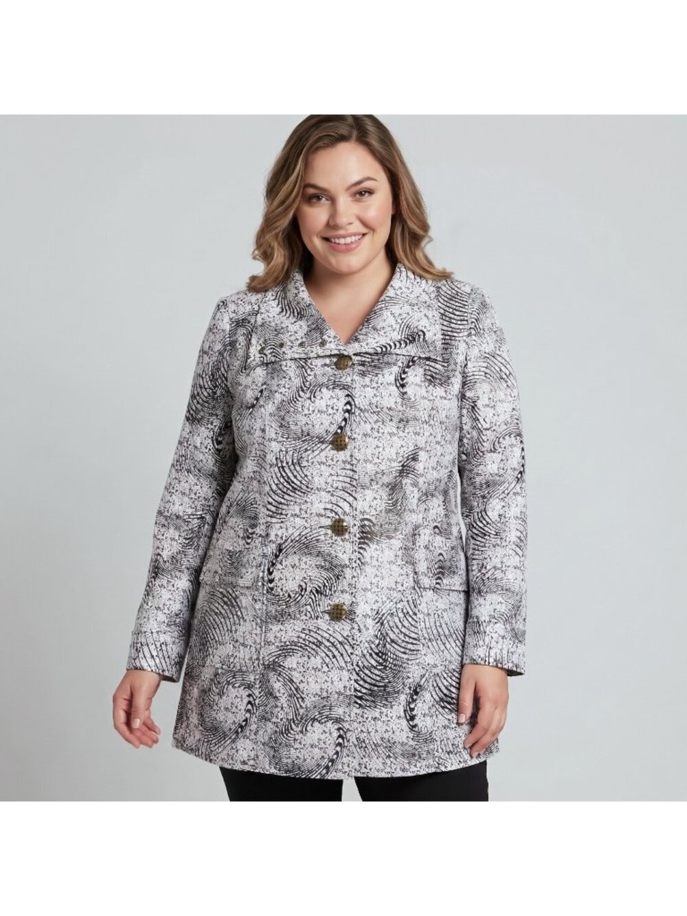 Olesia Women's Black & White Swirl Pattern Button-Front Jacket Coat in size XXL